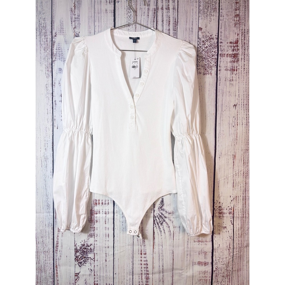NWT Express White Ribbed Puff Sleeve Bodysuit Small Clean Girl Minimalist